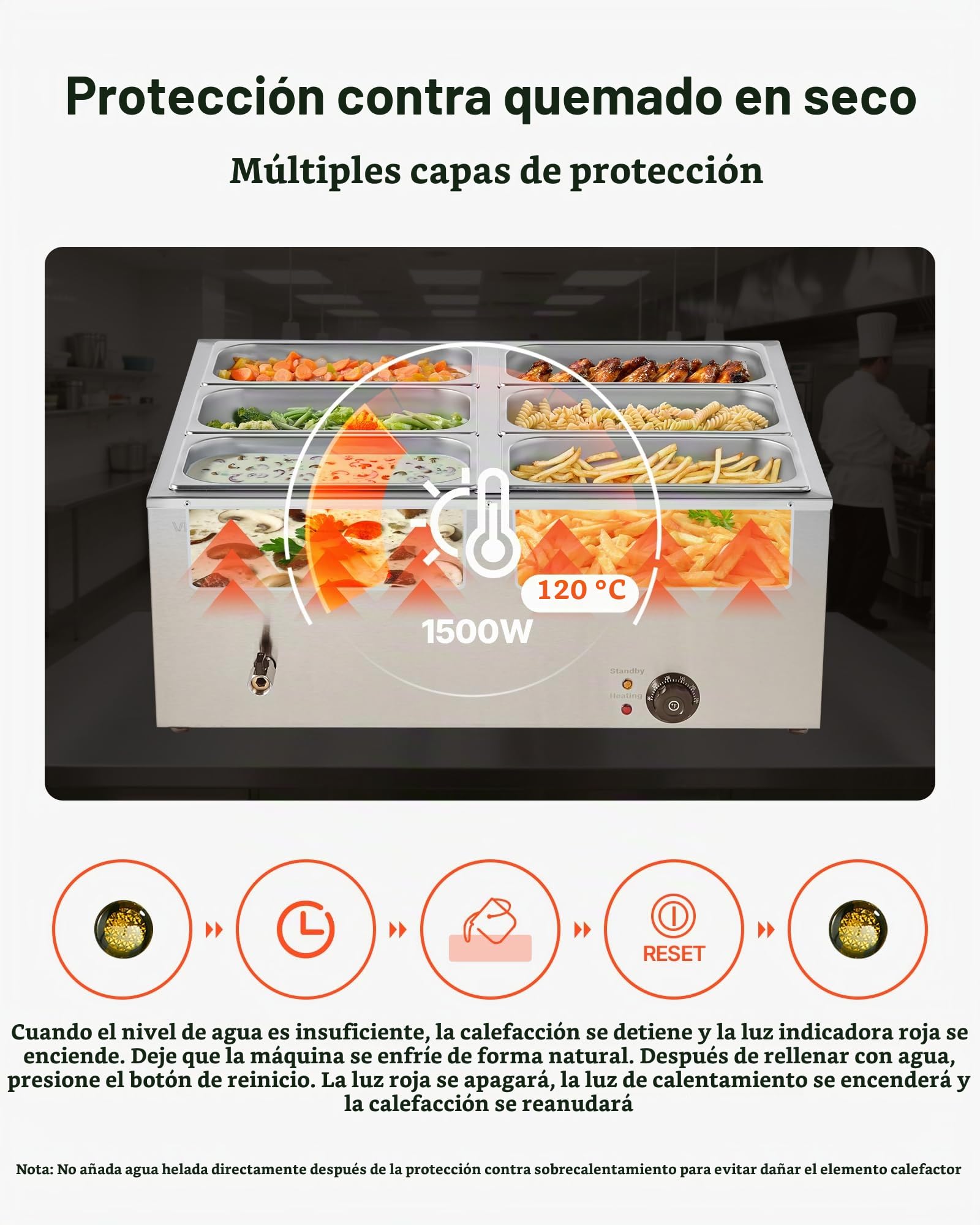 VEVOR Calentador de Alimentos 1500 W, de Acero Inoxidable, con Tapa, para 6 Sartenes, para Bufé de Encimera, Baño María con Cucharones para Sopa y Perforados, para Catering, 710 x 568 x 280 mm