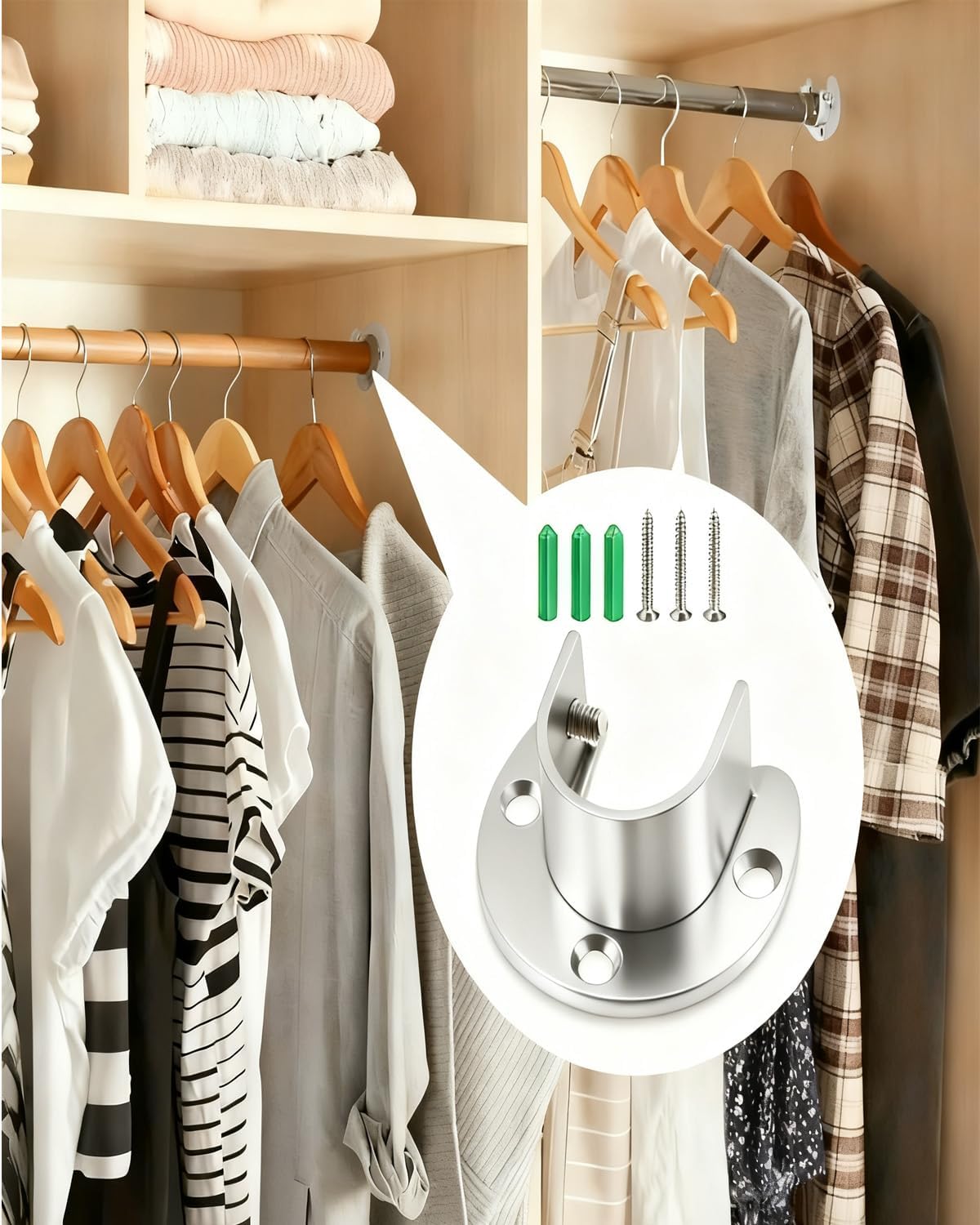 4 Packs Stainless Steel Wardrobe Bracket U-Shaped Rod Socket Flange 1-1/4" Diameter Heavy Duty Brackets End Supports for Closet Rod with 12 Screws Rust-Proof Closet Rod Holders
