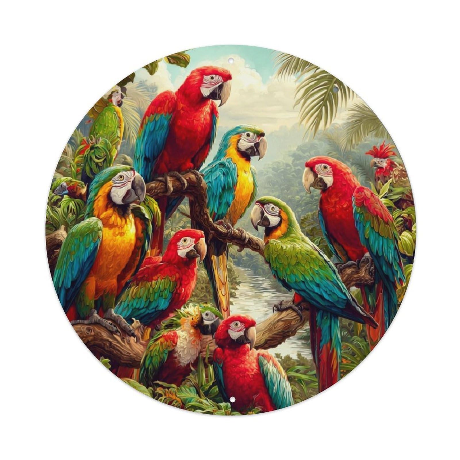 Colorful Parrots On Tree Branches Vintage Metal Tin Sign Retro Wall Decor for Home Bar Garage Cafe, Indoor & Outdoor Decorative，circle Metal Poster, 8x8 Inch