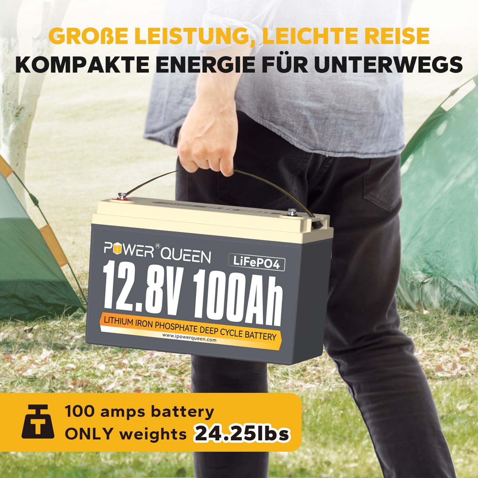 Power Queen 12V 100Ah LiFePO4 Batteria a ciclo profondo (Confezione da 3), potenza di carico 1280 Wh, BMS 100A, Batteria da 4000-15000 cicli e durata di 10 anni, per camper, impianto solare, barca