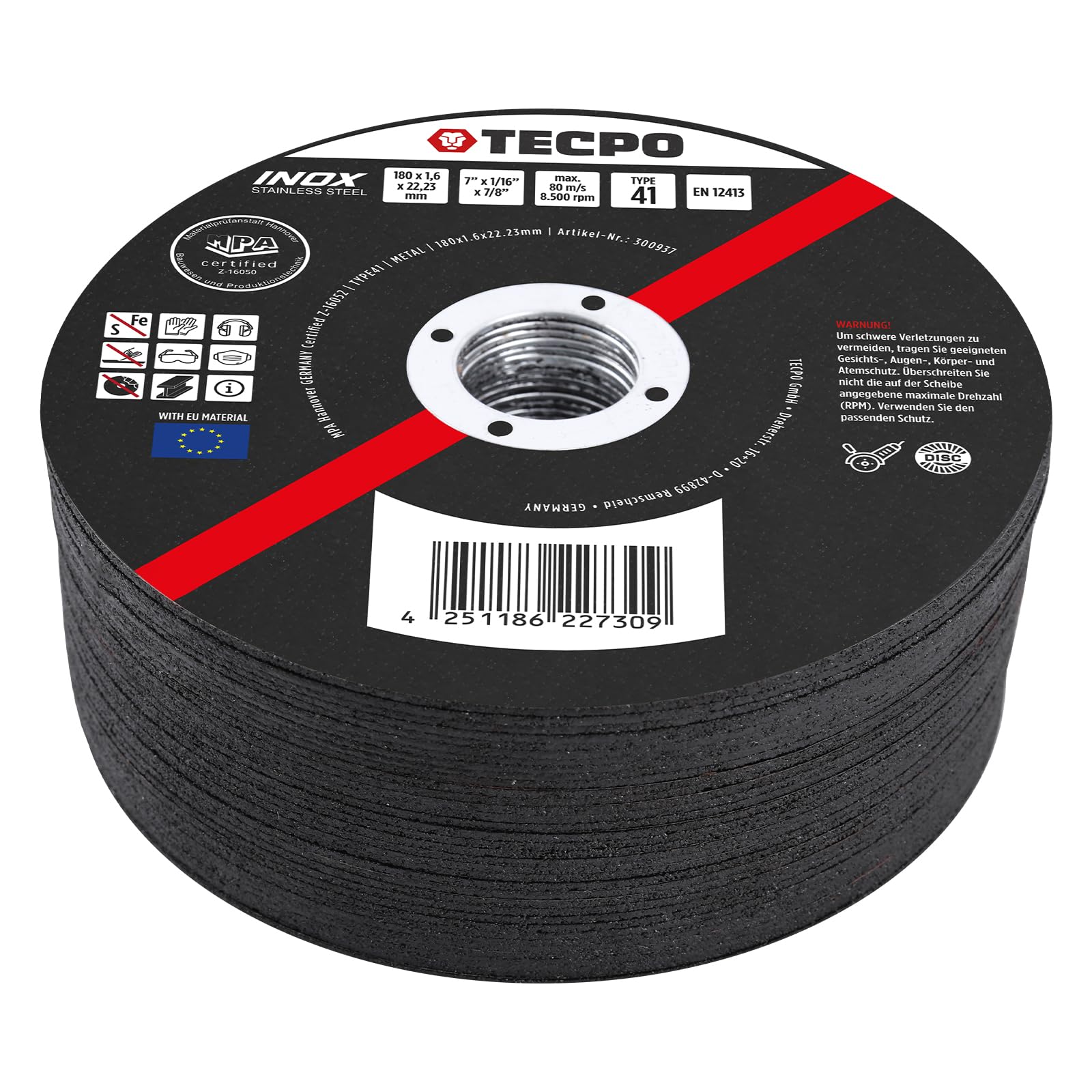 TECPO Lot de 50 disques à tronçonner - Diamètre : 180 mm - Pour meuleuse d'angle - Disques flexibles pour acier, métal et acier inoxydable (INOX) - 1,6 mm - 22,23 mm