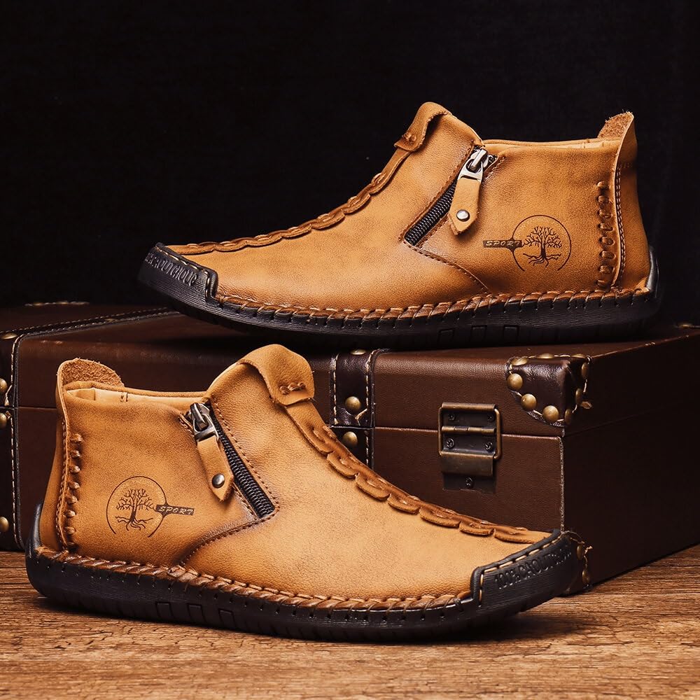 Generico Męskie buty rzemieślnicze z zamkiem błyskawicznym, wygodne i solidne buty robocze na świeżym powietrzu, eleganckie mokasyny na wędrówki i codzienne użytkowanie, wodoodporne skórzane buty