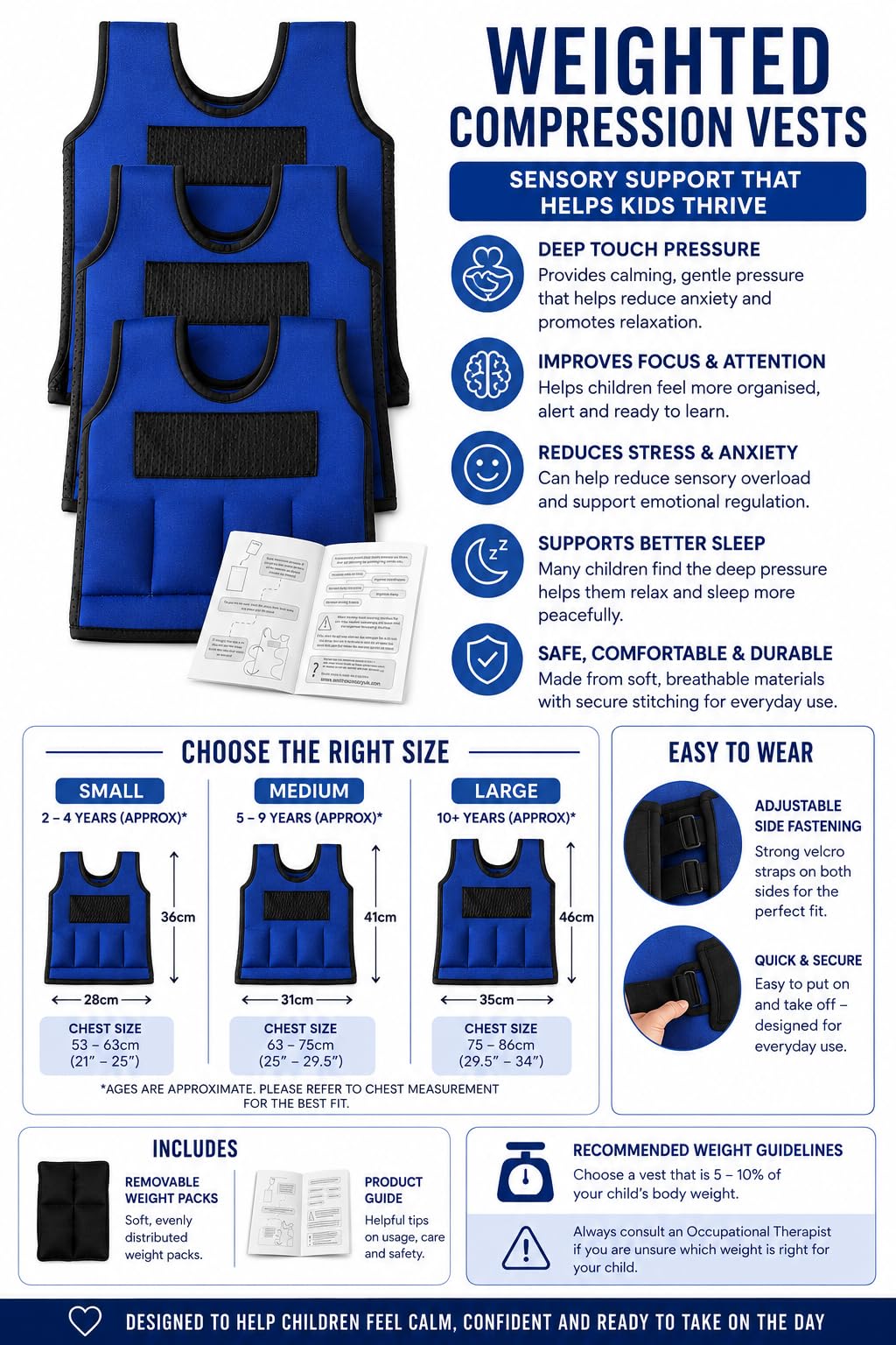 Sentire-Sensory UK – Gilet lesté réglable bleu – Gilet de compression – Pour enfants de 2 à 10 ans et plus