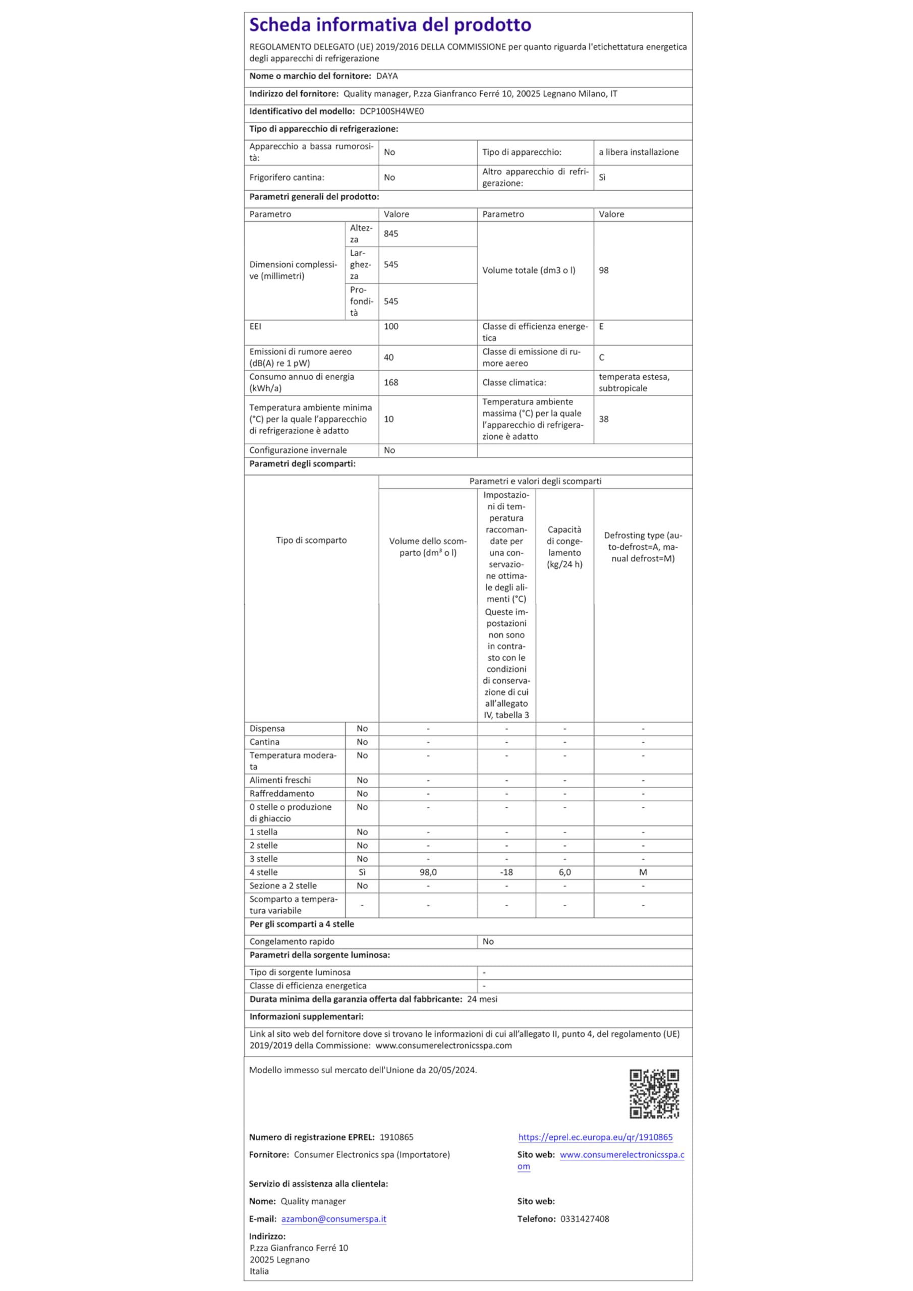 Daya Congelatore Orizzontale DCP100SH4WE0, 98 Litri, Classe E, Super Freezing, Winter Security, Silenzioso 40 DB(A), Autonomia Senza Corrente 13 Ore