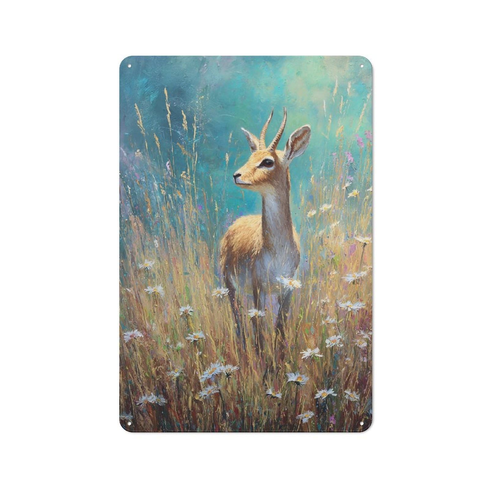 Junmoney Style-11 Workshop Style Gazelle In A Field Of Daisies Tin Sign 30X20cm, Workshop Wall Decor For Tool Room, Garage, Studio Or Home Bar