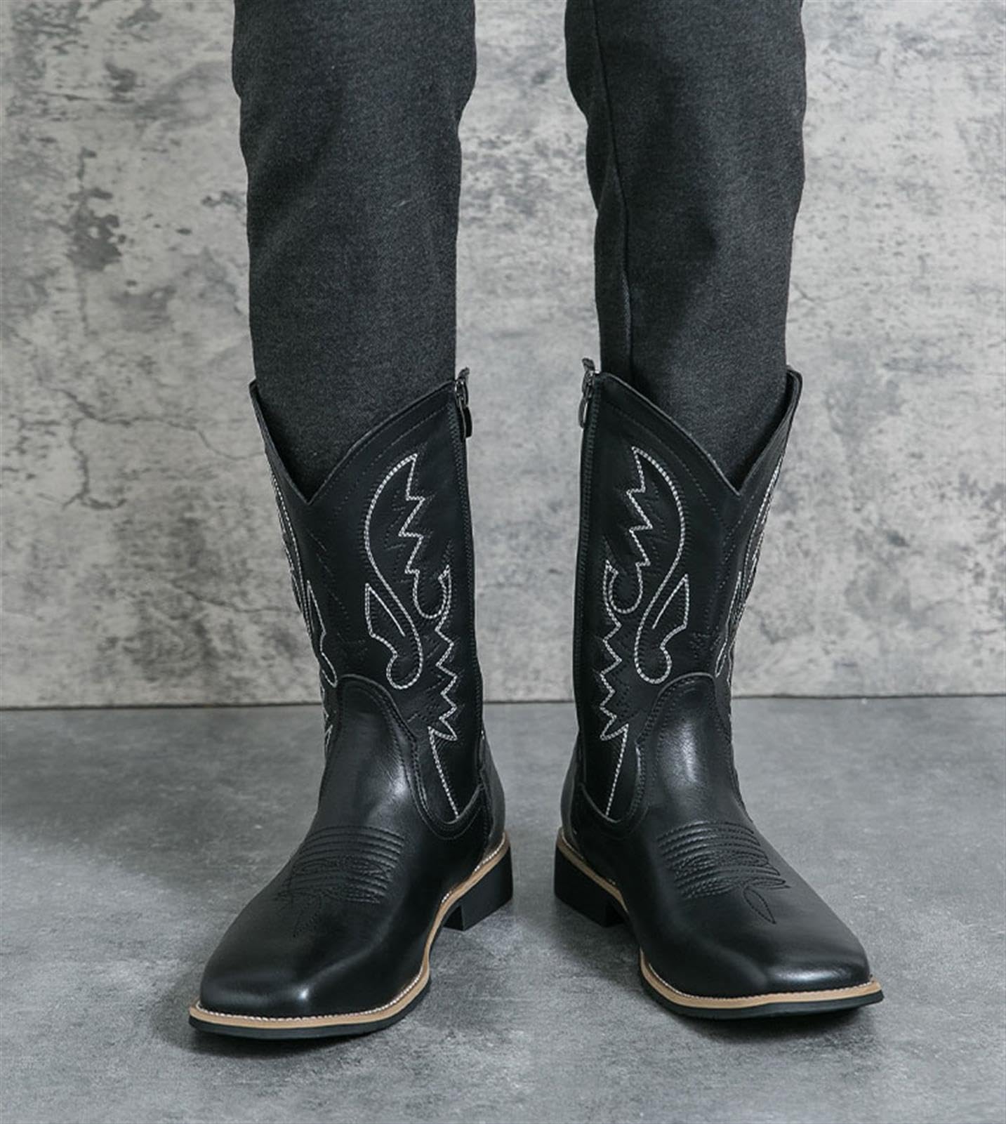 Stivali da Cowboy Classici da Uomo Slip-On con Ricamo Stivali da Lavoro Country di Media Altezza