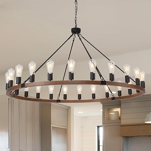 Miniatura 11 de Lámpara de araña de rueda de carreta de madera de nogal negro de 53", 30 luces rústicas de granja con bombillas E12, iluminación colgante redonda