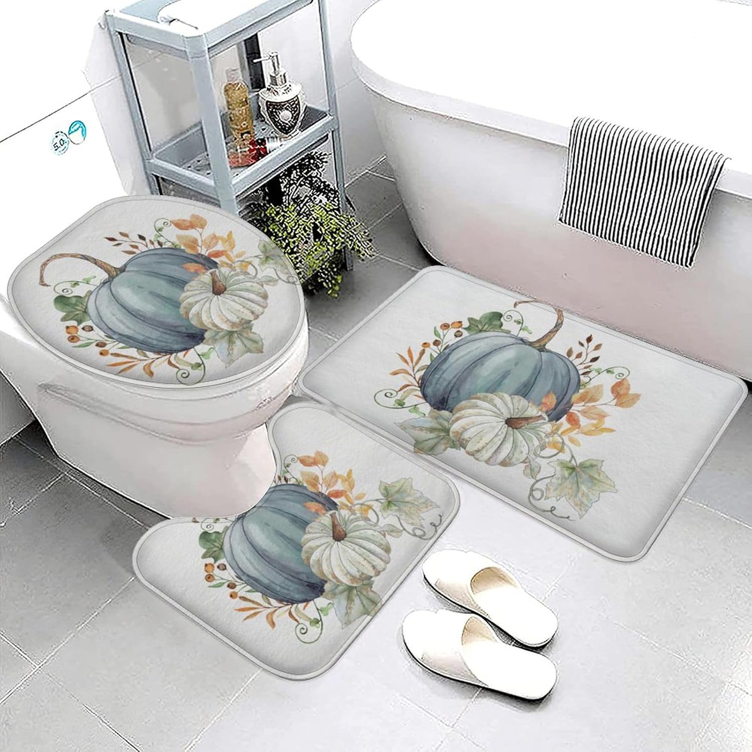 3 Piece Fall Blue Green Pumpkin Bath Mat Autumn Maple Leaves Harvest Thanksgiving Decor Bath Rug Sets Soft Non Slip Water Absorbent U-Shaped Contour Toilet Mat, Toilet Lid Cover