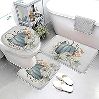 Vista 3 de Tapete de baño de 3 piezas de otoño con diseño de calabaza, color azul y verde, hojas de arce, cosecha, decoración de Acción de Gracias, juego