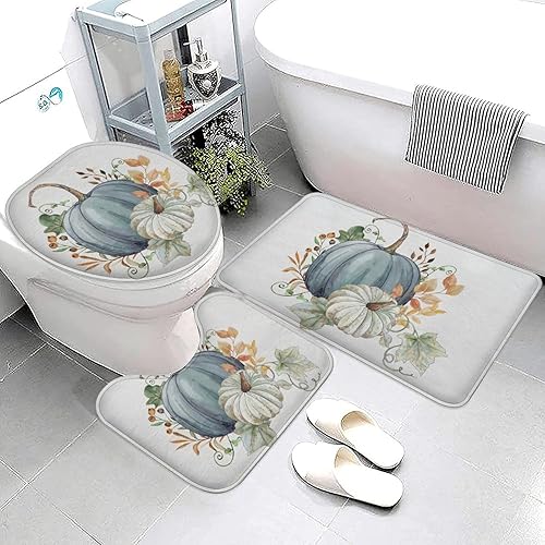 Miniatura 3 de Tapete de baño de 3 piezas de otoño con diseño de calabaza, color azul y verde, hojas de arce, cosecha, decoración de Acción de Gracias, juego de