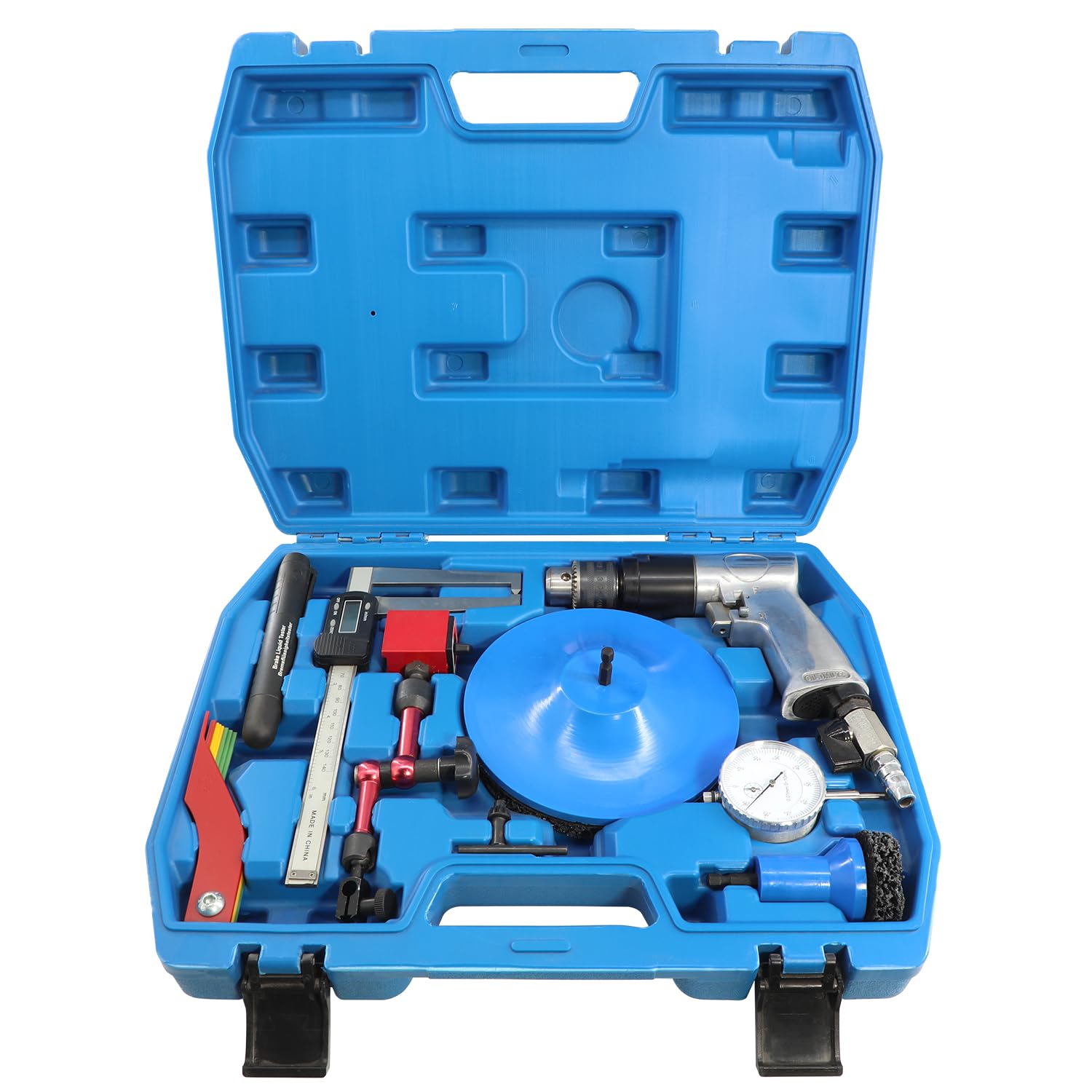 Kit di strumenti per rotori dei freni, kit di rifacimento per la pulizia del mozzo ruota con trapano pneumatico, micrometro metrico SAE, misuratore di spessore del rivestimento dei freni, penna tester