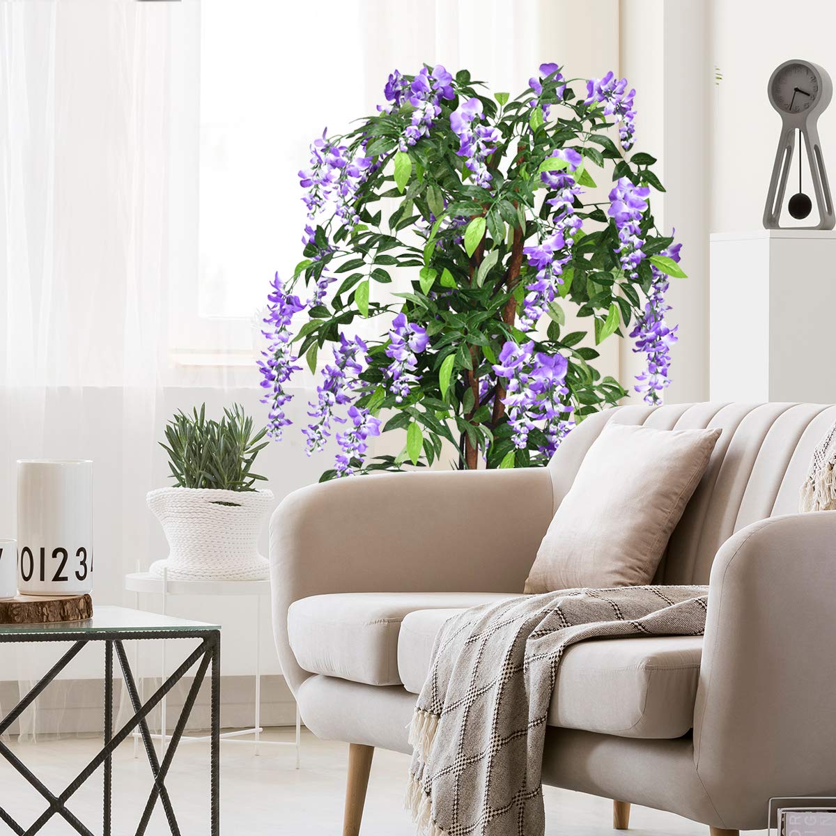 GOPLUS Planta Artificial Ficus Benjamin/Wisteria árbol/Phoenix Palm, árbol Artificial con Flores de 150 cm de Alto, Plantas Artificiales en Maceta, Plantas de Interior Artificiales harina de plástico