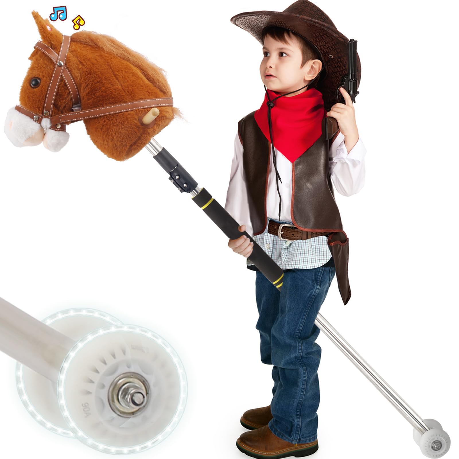 Frebuta Stick Horse,30 to 50In Horse Sticks 3-12 Age Riding Plush with Sound Sturdy Stick Stainless Steels Soft Sponge Handle Illuminated Wheels Hobby Horse Horse Toy (Brown, 30-50INCH)