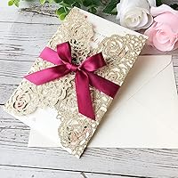 Vista 2 de 50 tarjetas de invitación de boda doradas de 5.12 x 7.28 pulgadas con lazo burdeos cortado con láser, invitación para despedida de soltera