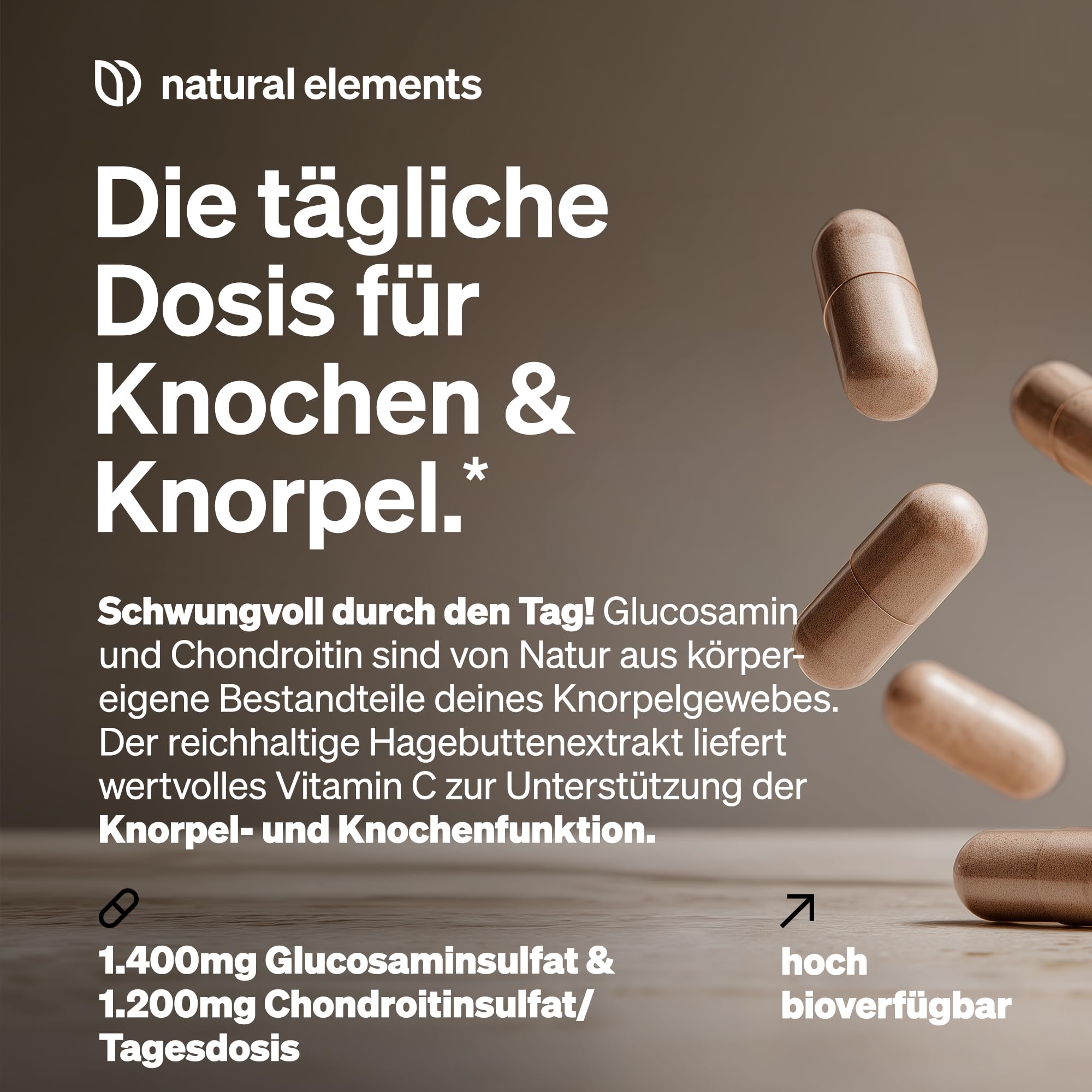 natural elements Glucosamin & Chondroitin – 180 Kapseln – mit Vitamin C für eine normale Kollagenbildung* – hochdosiert, ohne unnötige Zusätze – in Deutschland produziert & laborgeprüft