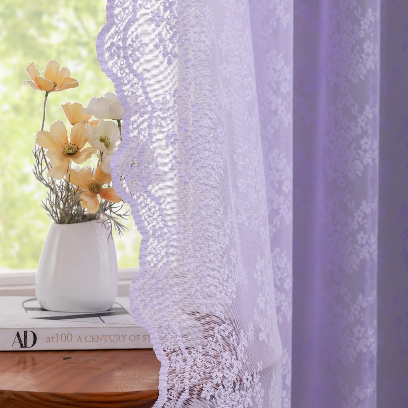 Lavender Curtains for Bedroom Girls 2 Panels Set Light Purple Sheer Lace Curtains 63 Inch Length French Country Floral Voile Sheer Panels for Kitchen Living Room Lilac W52 x L63 — image 1