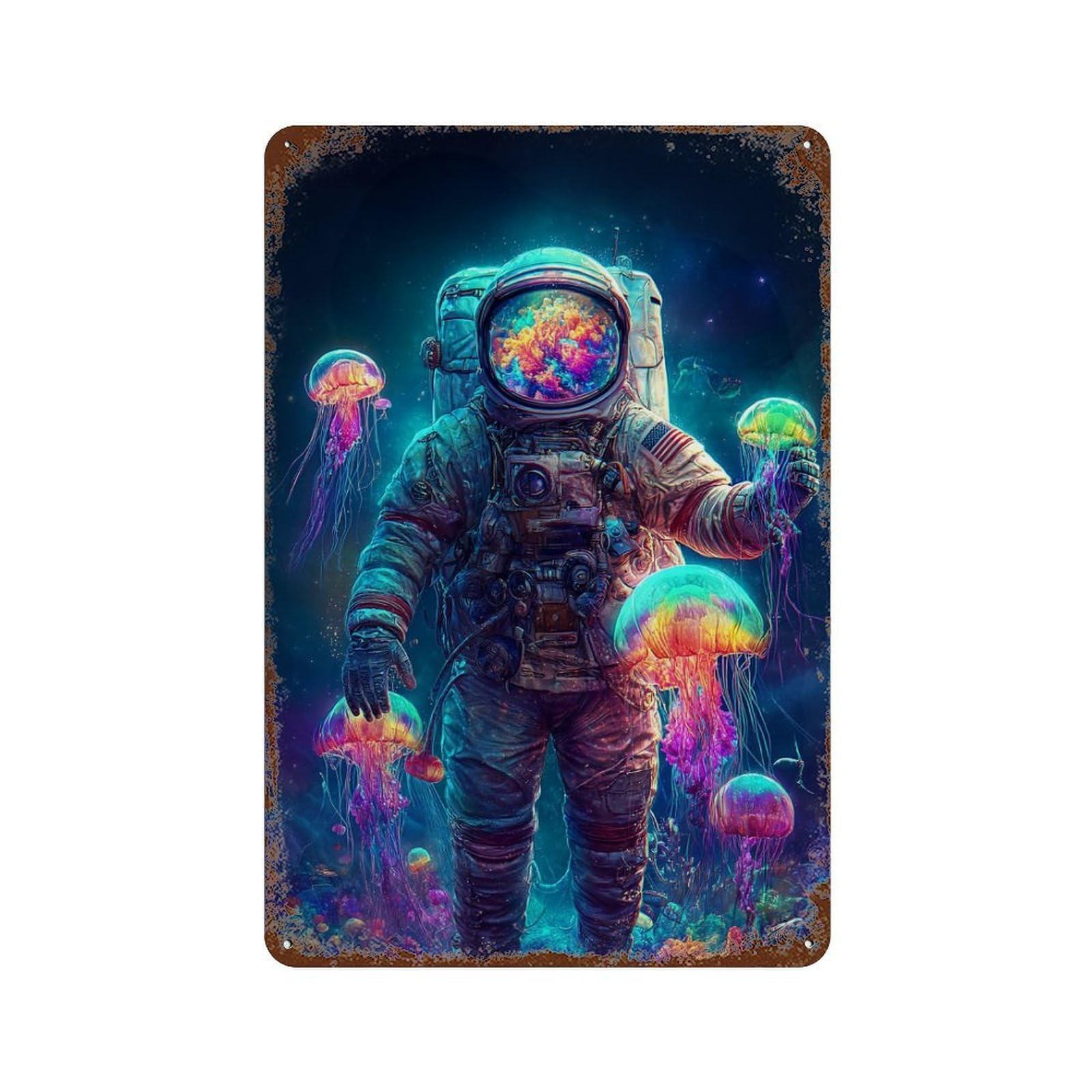 Space Jellyfish Explorer Vintage Wall Sign 11.8"x7.9", Rust Effect Metal Decor for Shed, Workshop And Garage Wall Decor
