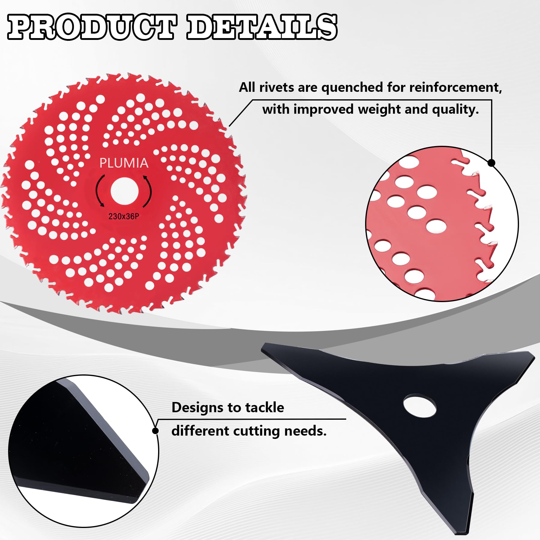 PLUMIA Lame per decespugliatore in acciaio al carbonio a 3 denti, 25,4 cm x 36 denti, con kit adattatore universale, compatibili con Husqvarna, Stihl, Oregon, Hitachi e altri (2 pezzi)