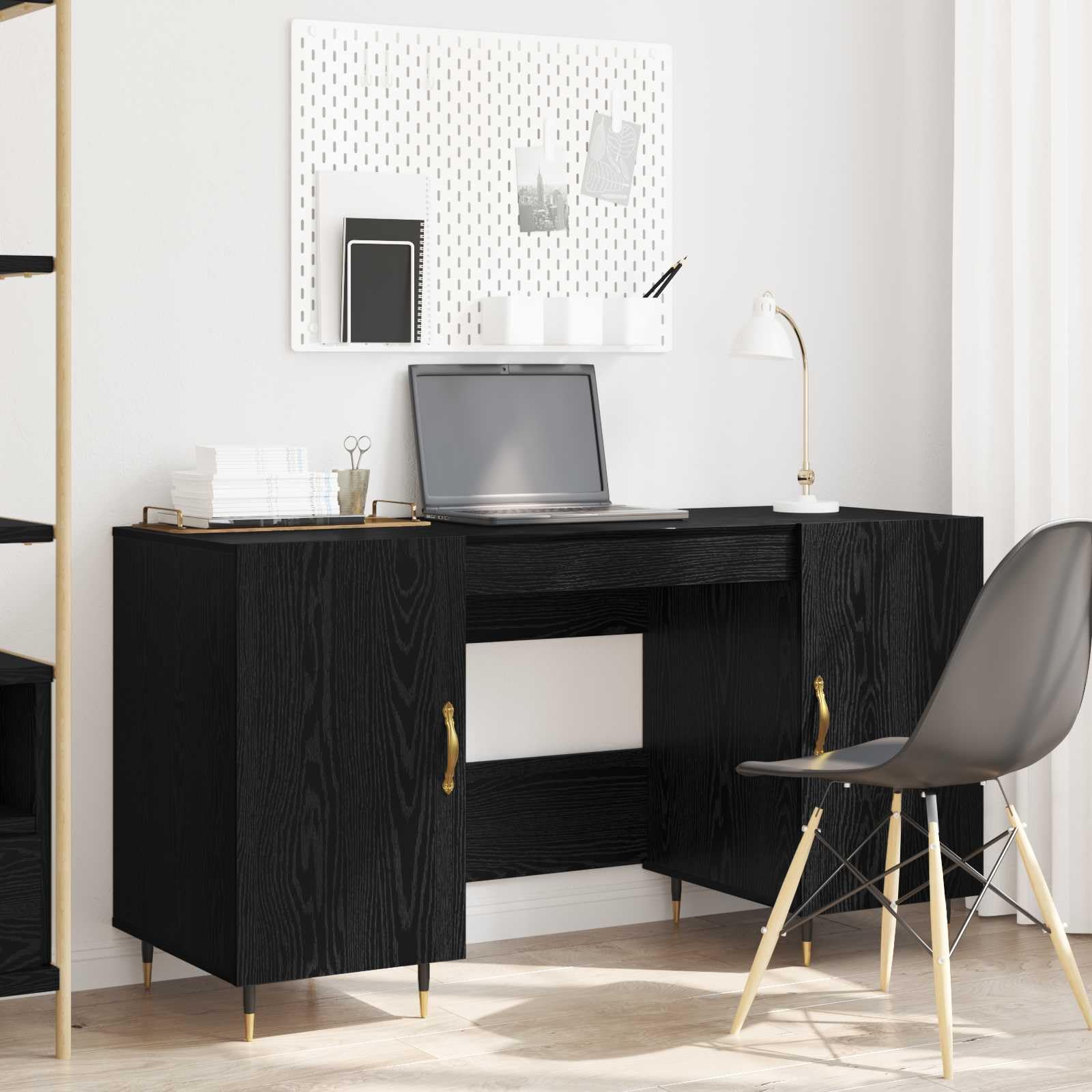 Scrivania rovere nero in legno ingegnerizzato 140 x 50 x 75 cm con ripiano e cassetto per ufficio studio smartworking casa gaming