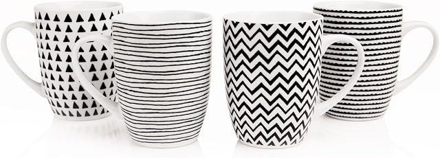 Sabichi Geo Sketch Mug Set of 4 - 350ml Capacity, Dishwasher and Microwave Safe, Porcelain Coffee Mug