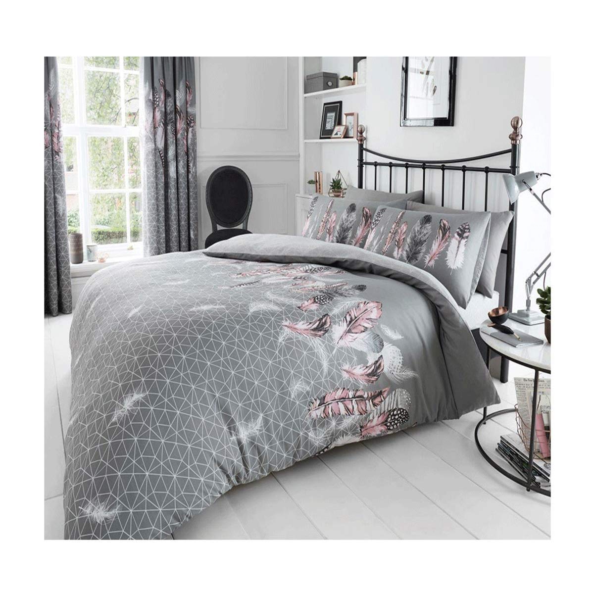 FAIRWAYUK Bedding - Single Duvet Cover Set, 2 Piece Ultra Soft Hypoallergenic Quilt Cover, Reversible Poly-Cotton Bed Set + 1 Pillowcase Feathers Grey, Single