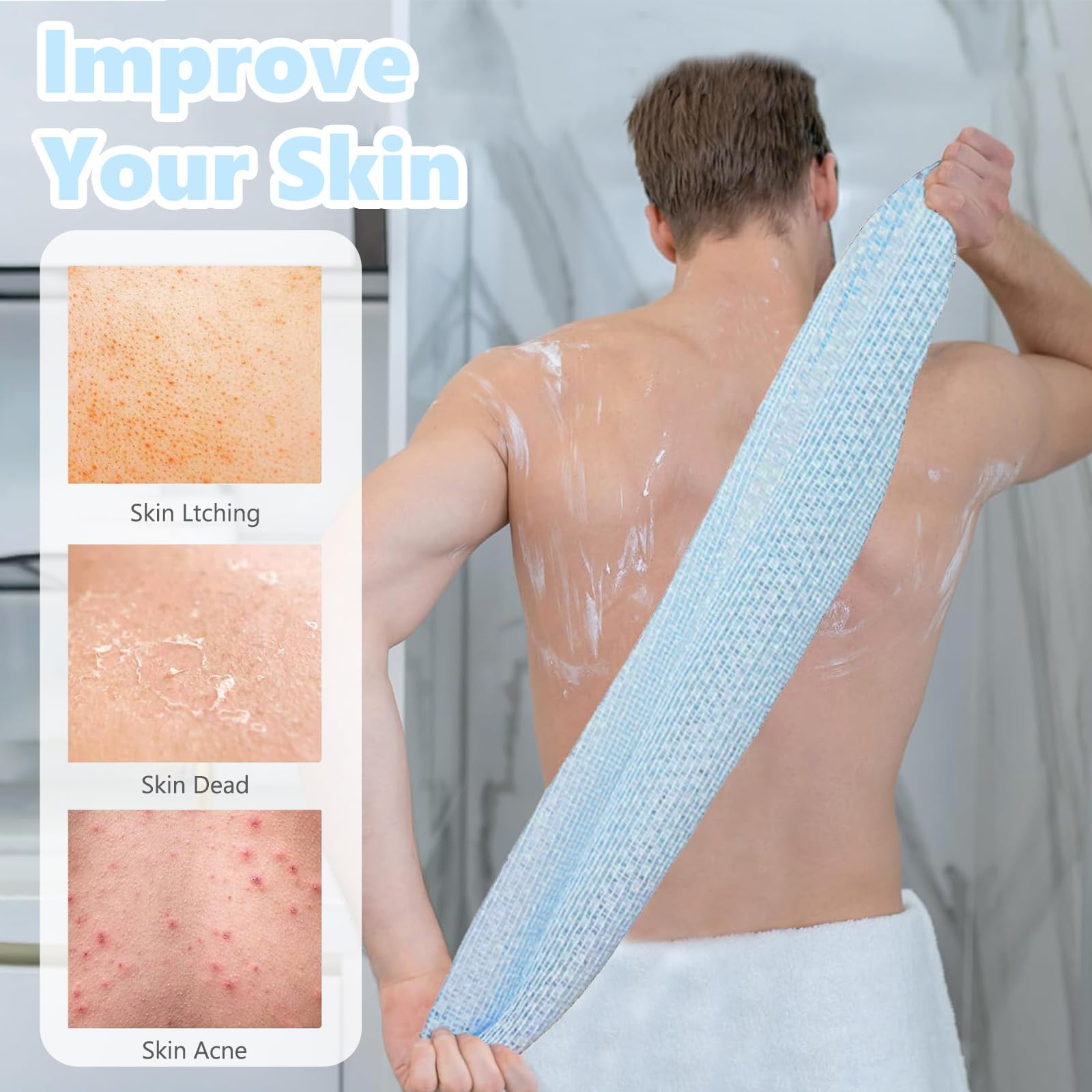 Toallas Exfoliantes Coreanas Japonesas Africanas para Ducha, Estropajo Exfoliante de Espalda, 2 Piezas Negro Azul