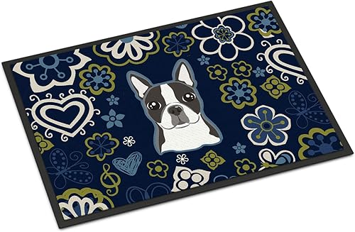 Miniatura 151 de Caroline's Treasures BB1449JMAT - Tapete de bienvenida de carlino negro, 24 x 36 pulgadas, tapete azul para puerta delantera, para interiores