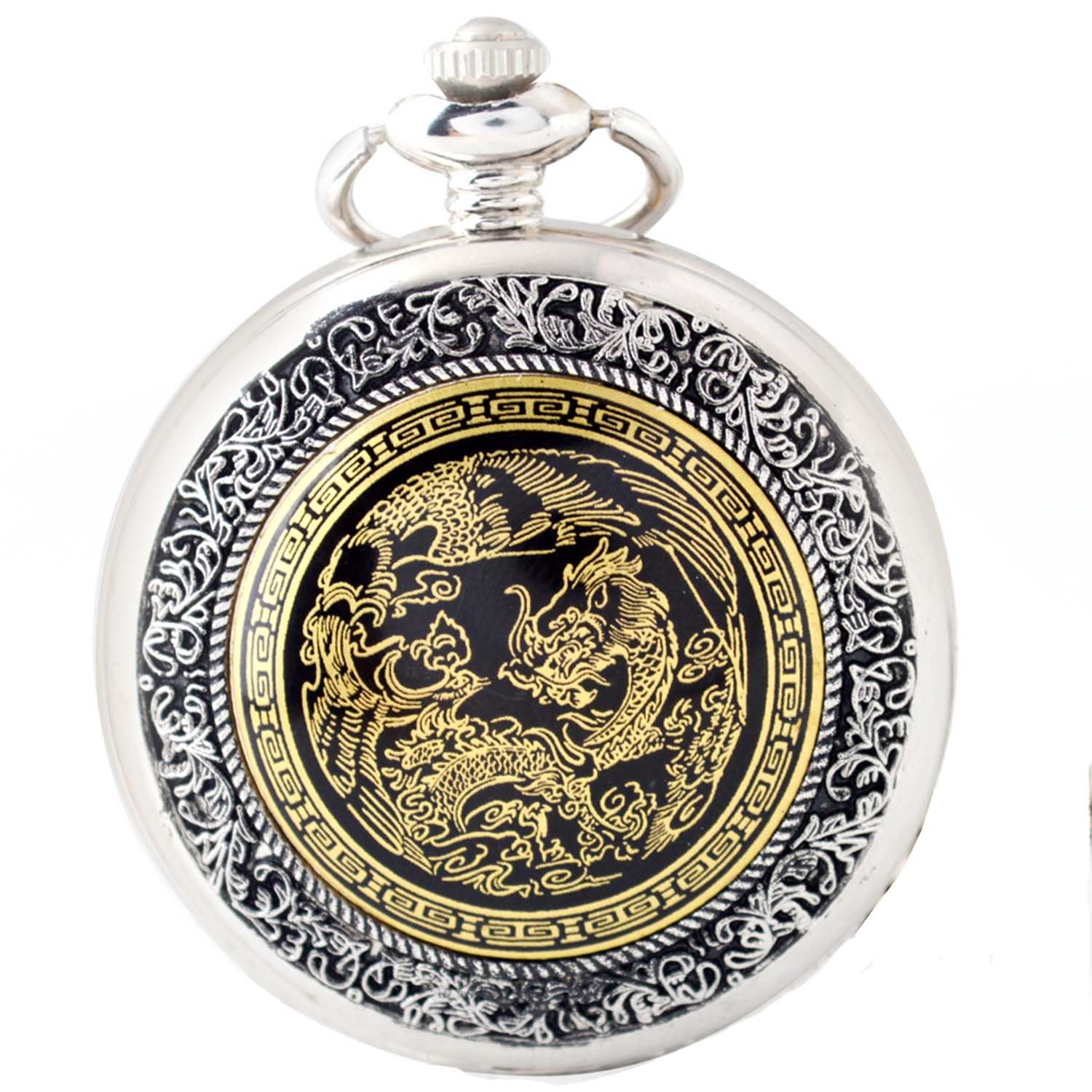 Afcrho Pocket Watch for Men Women Silver Dragon and Phoenix Quartz Pocket Watches with Chain