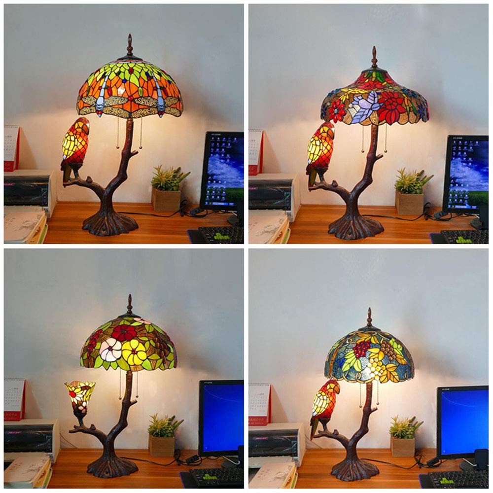 Tiffany Vintage Schlafzimmer Tischlampe Mit Schalter 16 Zoll Buntglas Pastoral Blumen Handgemacht Art Dekorative Nachttischlampe Schreibtischlampe Retro Wohnzimmer Bar Cafe Papagei Nachtlicht 58cmhoch