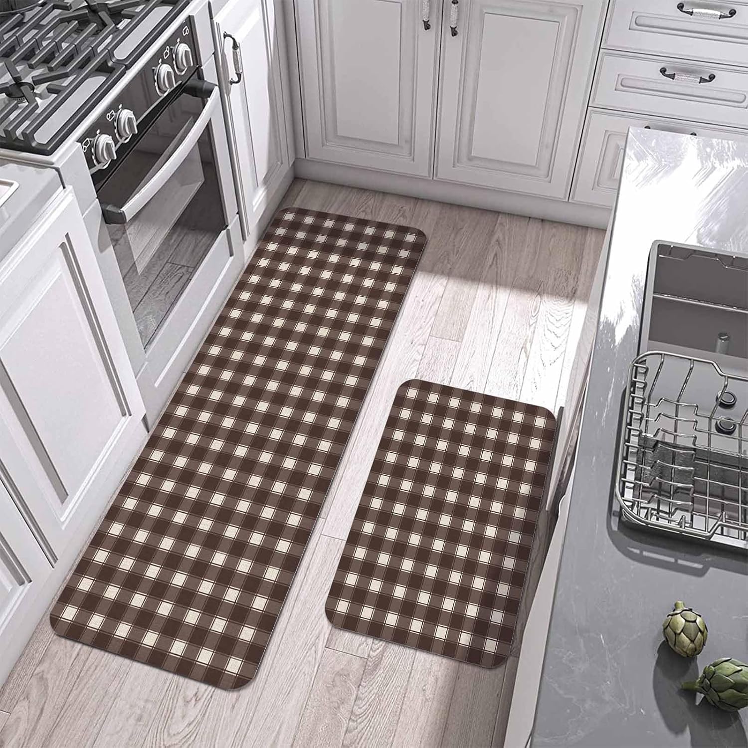 Vintage Brown Plaid Kitchen Mat Set 2 Pieces Country Pastoral Farmhouse Checkered Plaid Non Slip Kitchen Rugs Washable Runner Rug Mats for Floor Sink Laundry Office 19.7" x 31.5"+19.7" x 47.2"