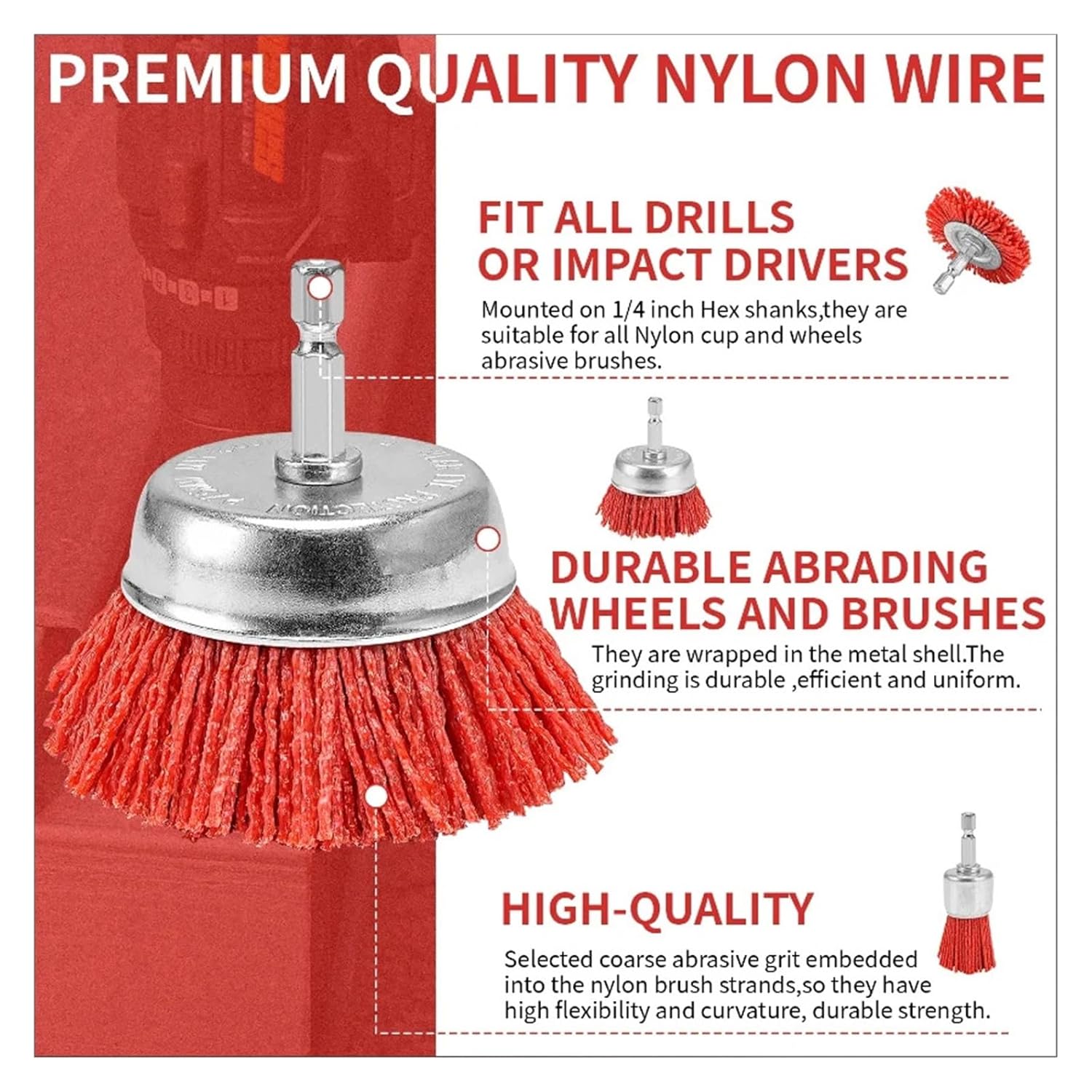 25-100mm Abrasive Wheel Brush 1/4" Hex Shank for Drill Rotary Tool Metal Wood Deburring Paint Removal