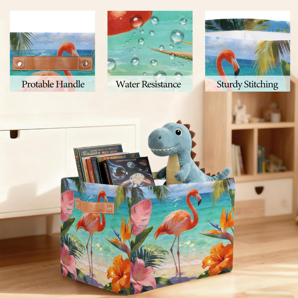 Summer Beach Flamingo Rechteckiger Aufbewahrungskorb mit Ledergriffen, 2 Stück, faltbarer Stoff-Aufbewahrungskorb für Schrank, Badezimmer, Wohnzimmer, Büro, Spielzeug, Organizer, Wäschekorb