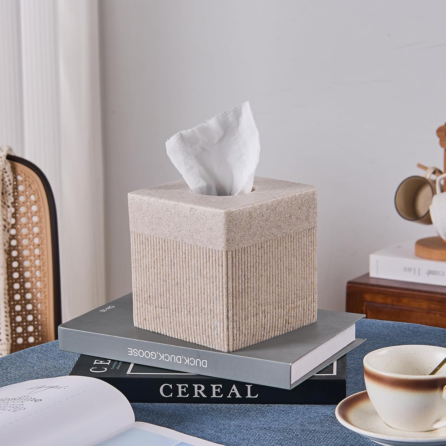 Sandstone Ribbed Tissue Box Cover – Modern Resin Cube Holder for Bathroom, Bedroom, Office – Decorative Square Tissue Box for Countertop, Nightstand, Vanity & Desk – Heavy&Sturdy