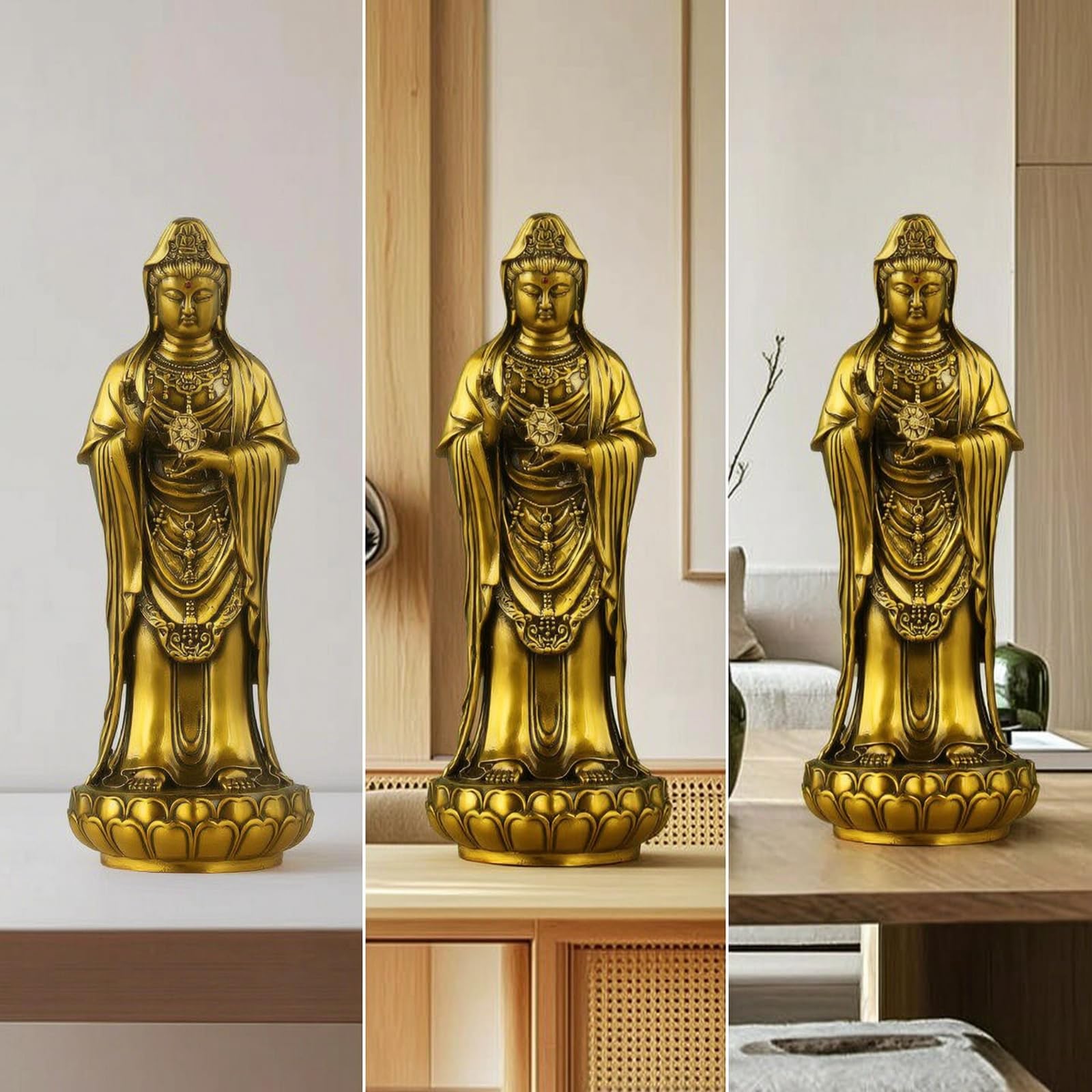 Estatua de Latón Figura Deidad Escultura Guanyin Imagen Buda Pulida con Pedestal Trabajado Adecuada para Altar Personal Oración Meditación Decoración Tradicional del Hogar, 28cm