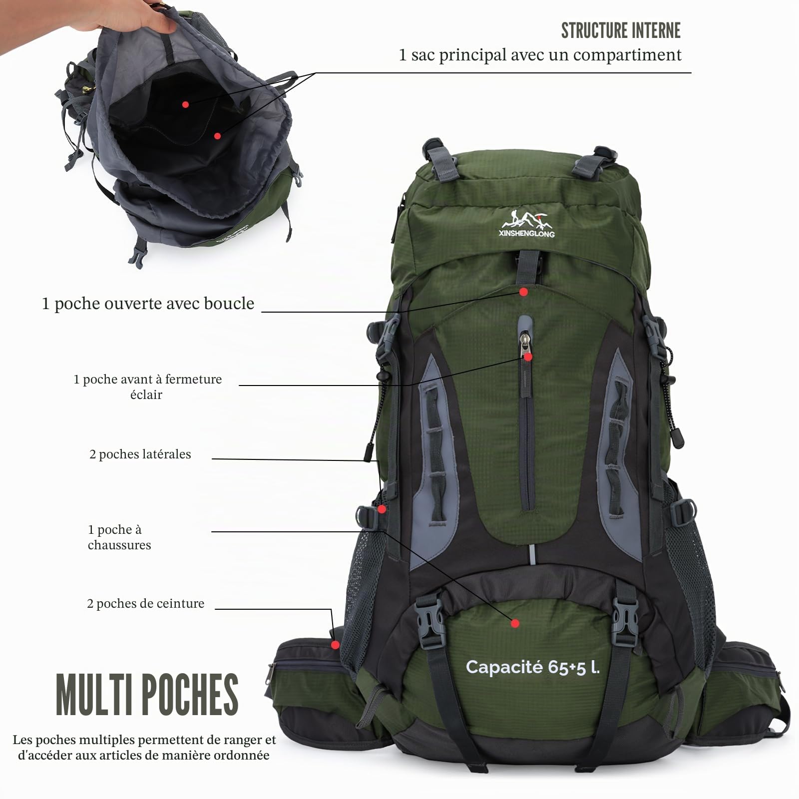 Sac à dos de randonnée imperméable 70 l avec housse de pluie Grand sac à dos de voyage pour camping, marche, escalade