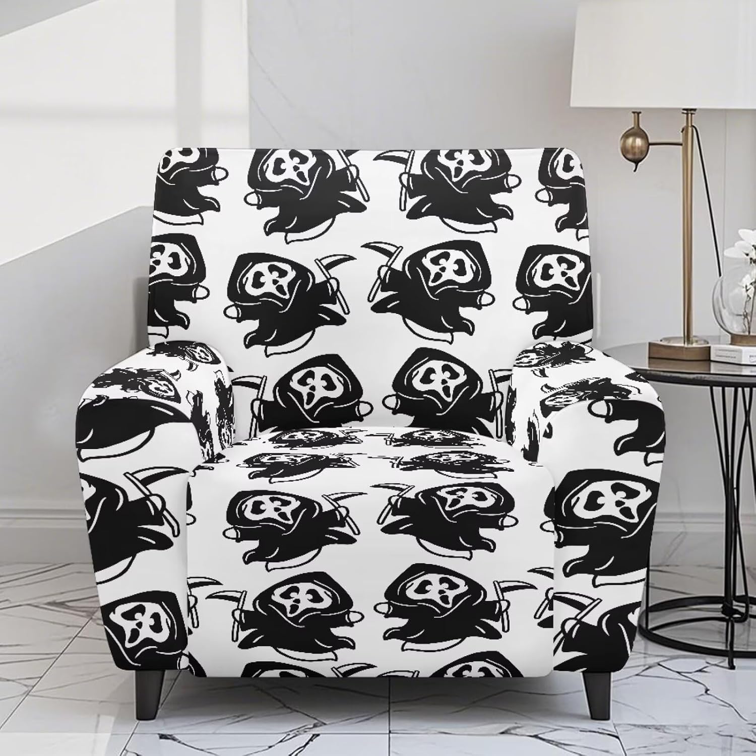Grim Reaper Furniture Covers for Lazy Boy Recliners Soft Cat Reclining Couch Protector 4 Piece Halloween Chair Slipcovers with Pockets Comfy Reclining Covers
