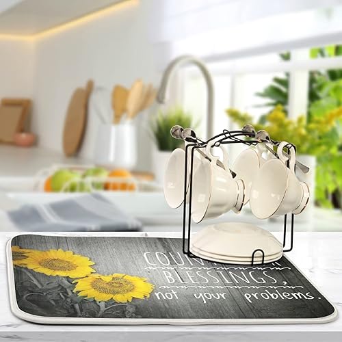 Vista 139 de Tapete de secado de platos de flores de fondo negro para encimera de cocina de 18 x 24 pulgadas, tapete de microfibra absorbente, tapete de secado
