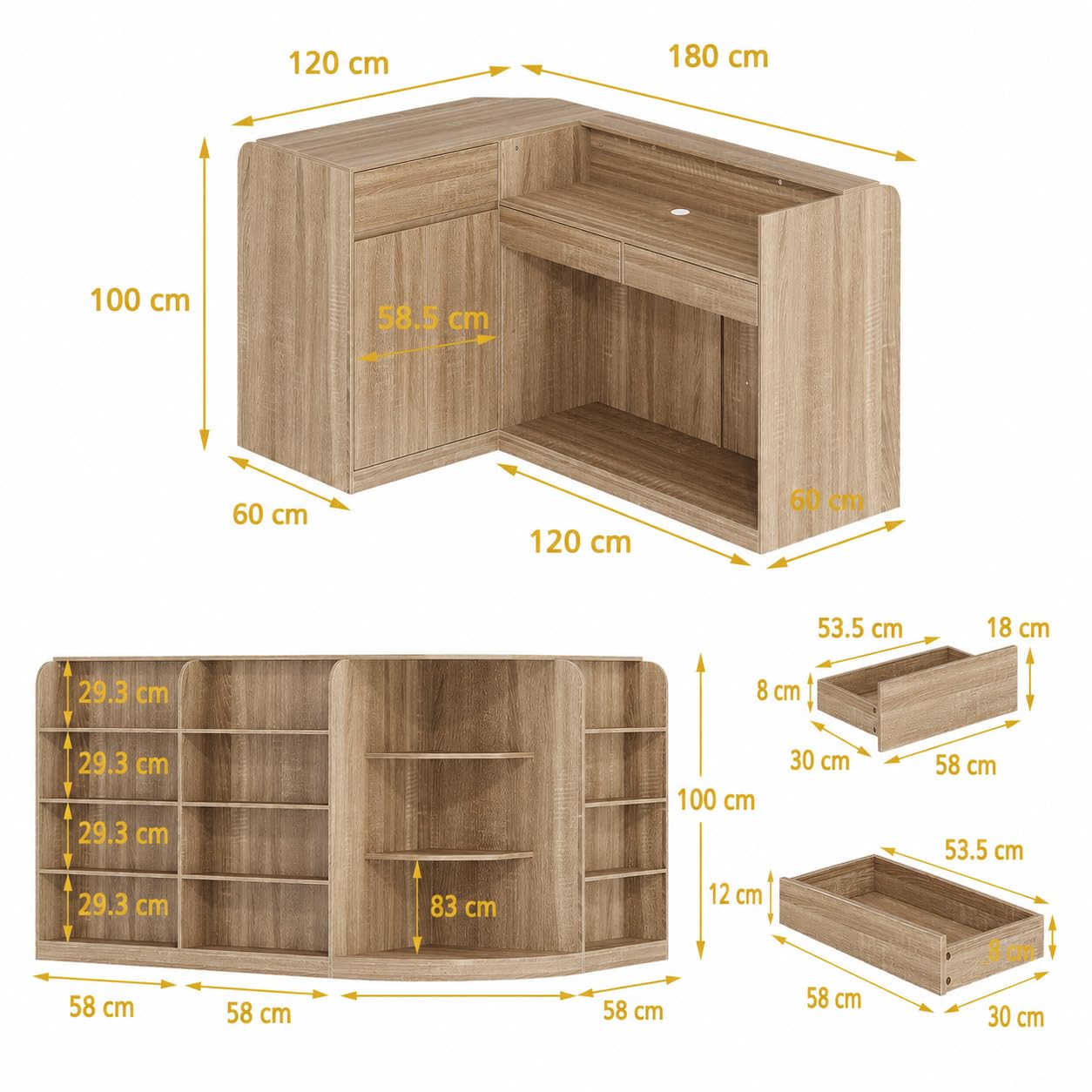 Mesa de recepción en forma de L con espacio de almacenamiento – Moderno mostrador de recepción con 3 cajones y armario, mesa de mostrador de madera para oficina, hotel, salón, práctica y