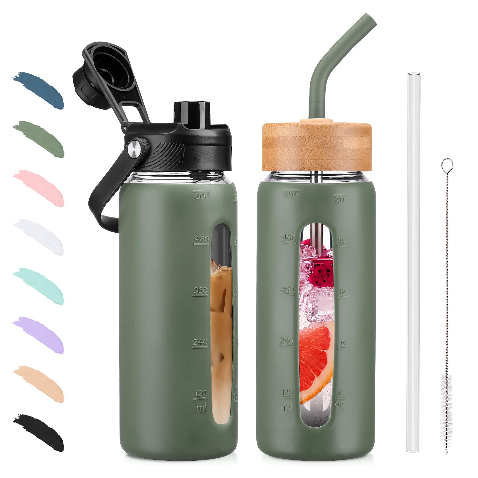 BLUEGO Borraccia in vetro da 600ml con cannuccia e 2 coperchi, tazza da caffè in vetro con custodia in silicone, senza BPA, Verde oliva