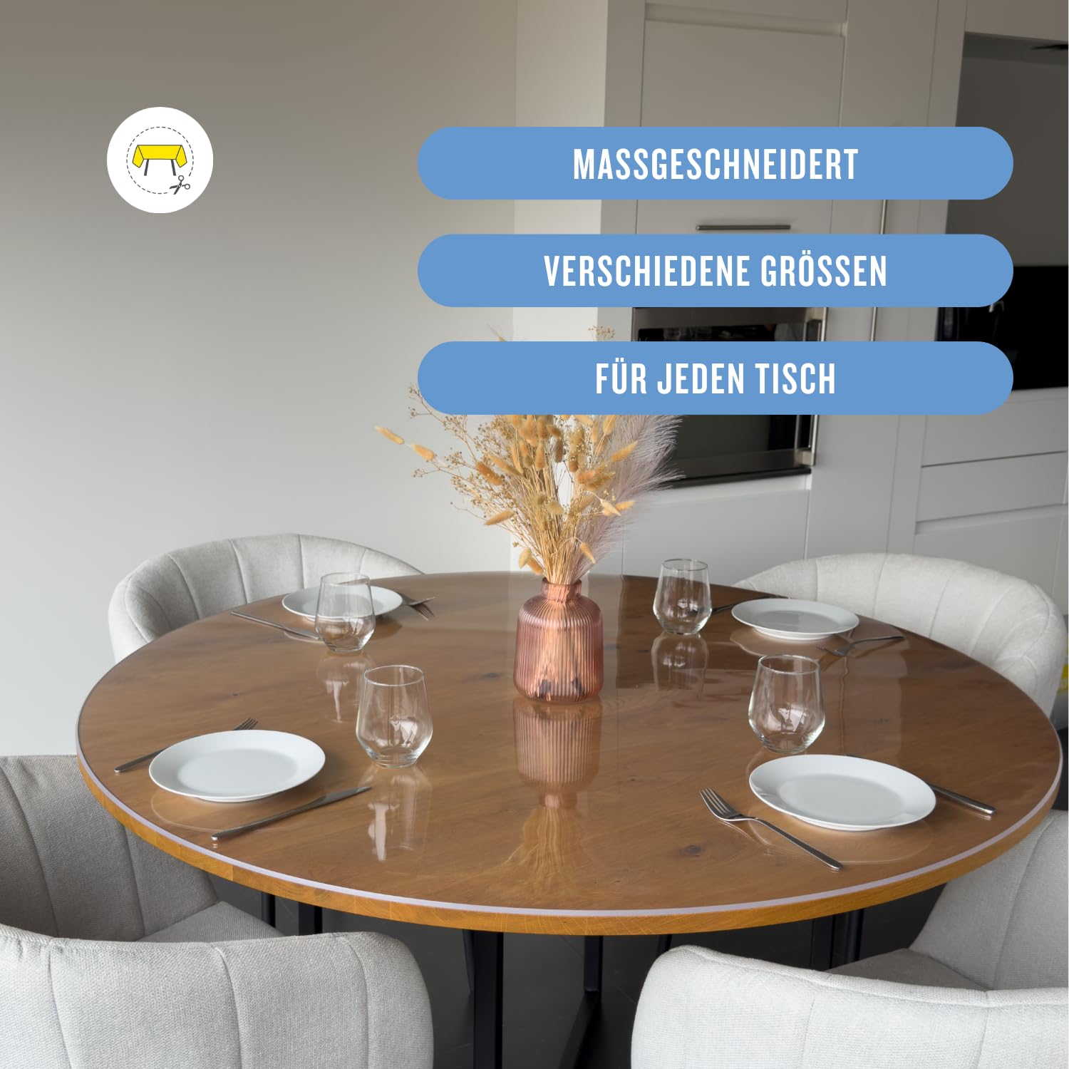 Trente Tischfolie Rund 120 cm Ø – 3mm Dick – Tischdecke Abwaschbar - Transparente Tischschutzfolie mit Abgeschrägten Kanten – Abwaschbare Schutzfolie – Runde Tischdecke Flexibel & Strapazierfähig