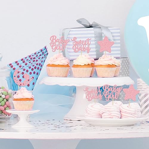 Miniatura 4 de Gyufise 24 piezas de decoración para cupcakes de bebé niña con purpurina rosa, estrella y luna, dulce baby shower, baby shower, fiesta de