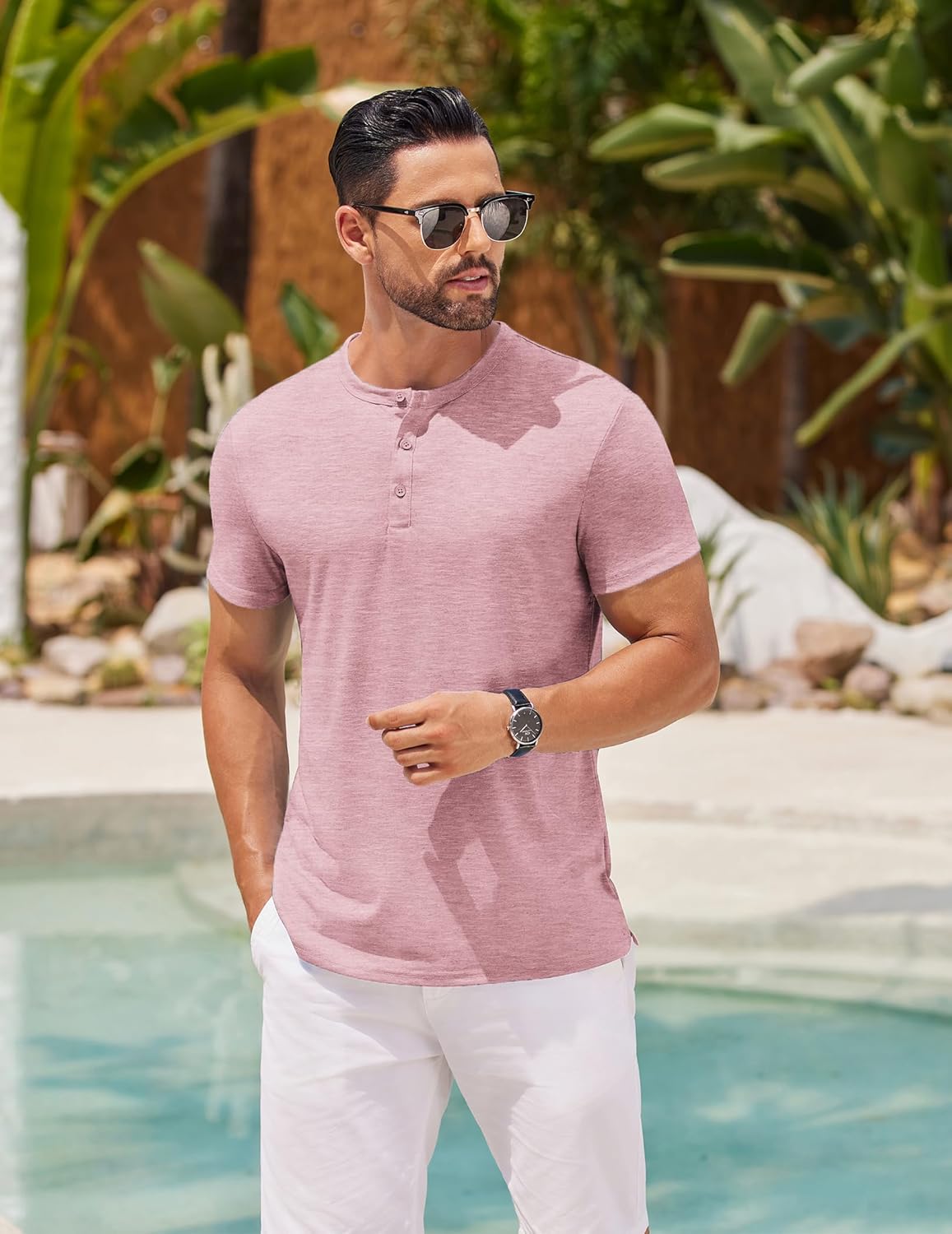 COOFANDY Men's Henley Shirts Short Sleeve Casual Basic Henley Tee Summer Button Lightweight Stretch T Shirts - Image 3