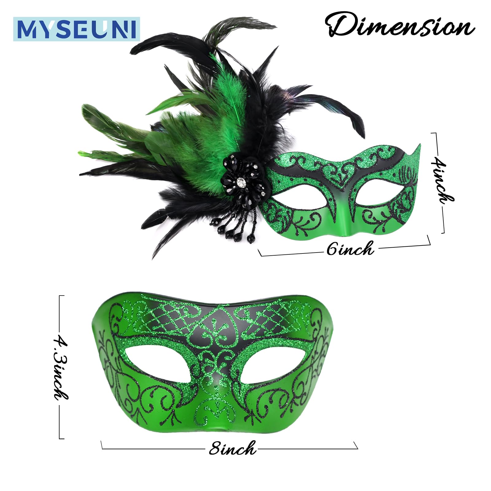 MYSEUNI Green His & Hers Masquerade Mask Set - Feather & Venetian Mask for Parties Mardi Gras, Halloween, Cosplay, Prom, Christmas - Image 2