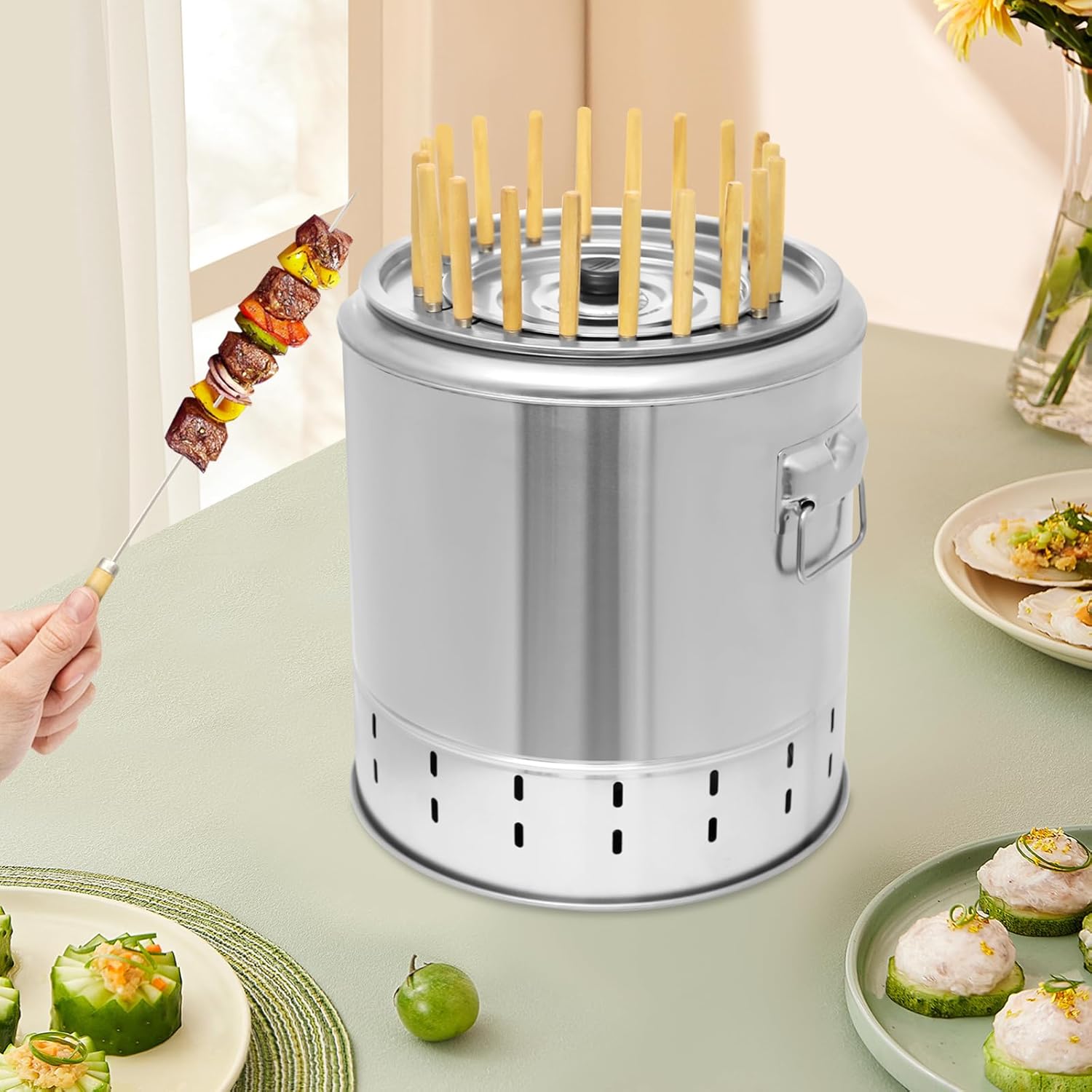 Portable Charcoal Barrel Grill 360° Stainless Steel Smokeless BBQ Grills Barrel with 20 Skewers Outdoor Barbecue Cooking Smoker for Camping Backyard Travel Patio BBQ (13.39 X 14.17 Inch)