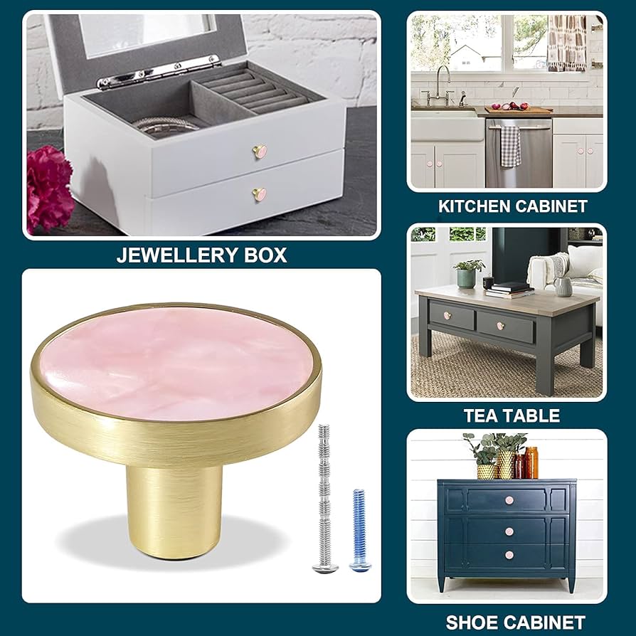 TIANYI-Lot De 4 Boutons De Tiroir Ronds Décoratifs En Laiton Poli De 3 5 Cm Boutons Dores Pour Commode Bijoux Boite A Tiroirs Tirant Pour Cuisine Salle De Bain Placards Diamant Rose