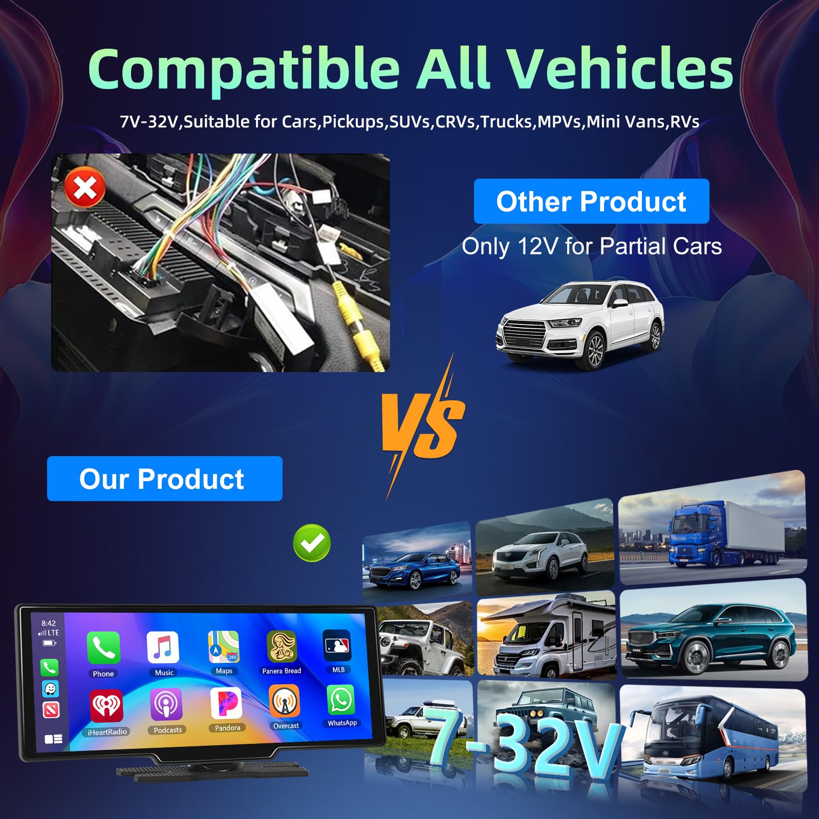 Écran CarPlay Voiture sans Fil Android Auto, Écran Tactile de 10,26 Pouces Voiture Stéréo, Autoradio Portable avec Navigation GPS Bluetooth Contrôle Vocal Mirror Link AUX/FM CarPlay Voiture