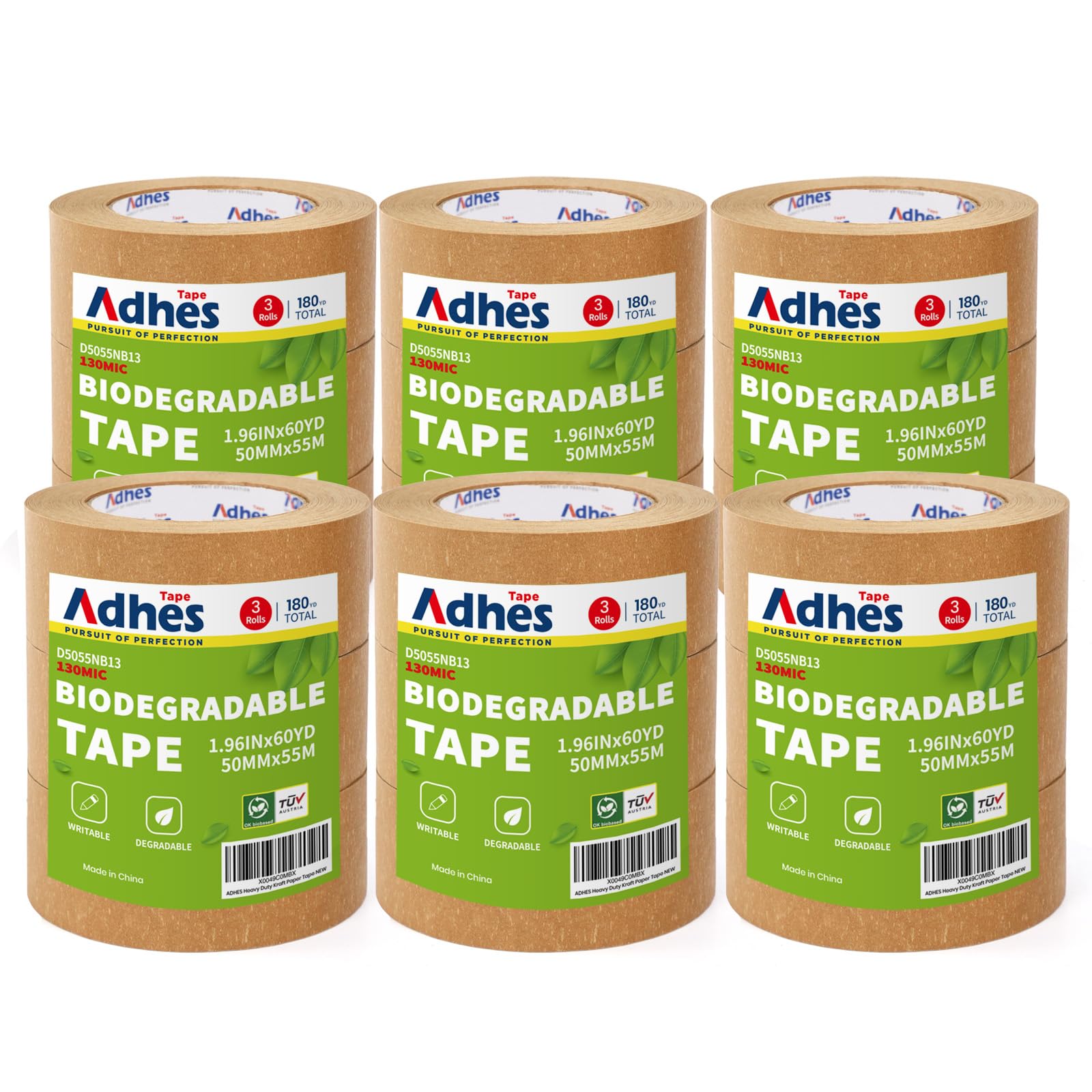 ADHES Kraft Paper Tape - 2 Inch x 60 Yards x 18 Rolls, Biodegradable Brown Shipping Tape for Shipping, Moving, Sealing