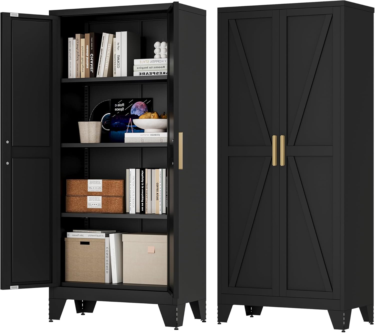 Assembled Baborokic 61H Black Farmhouse Metal Storage Cabinet, closed doors