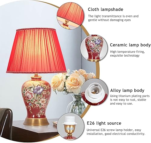 Miniatura 6 de PSXPSXO Lámparas de mesa de cerámica de flores pintadas a mano rojas de Chinoiserie lámparas de tela americana lámpara de mesita de noche para