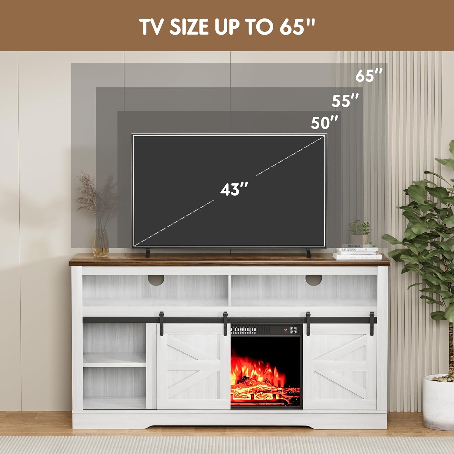 Furniwell Electric Fireplace TV Stand for TVs up to 65", Entertainment Center with 26” Fireplace Console Table with Sliding Barn Door and Adjustable Storage Shelves for Living Room (White)